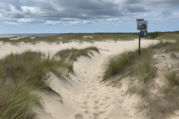Sandy dune path with beach grass leading toward the shoreline